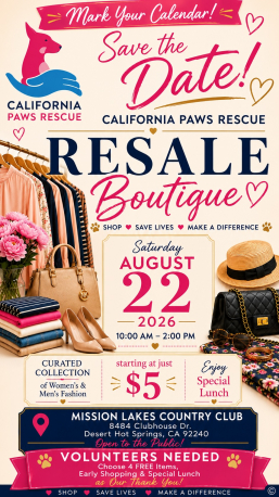 Resale Boutique, August 22, from 10:00 AM to 2:00 PM at Mission Lakes Country Club.